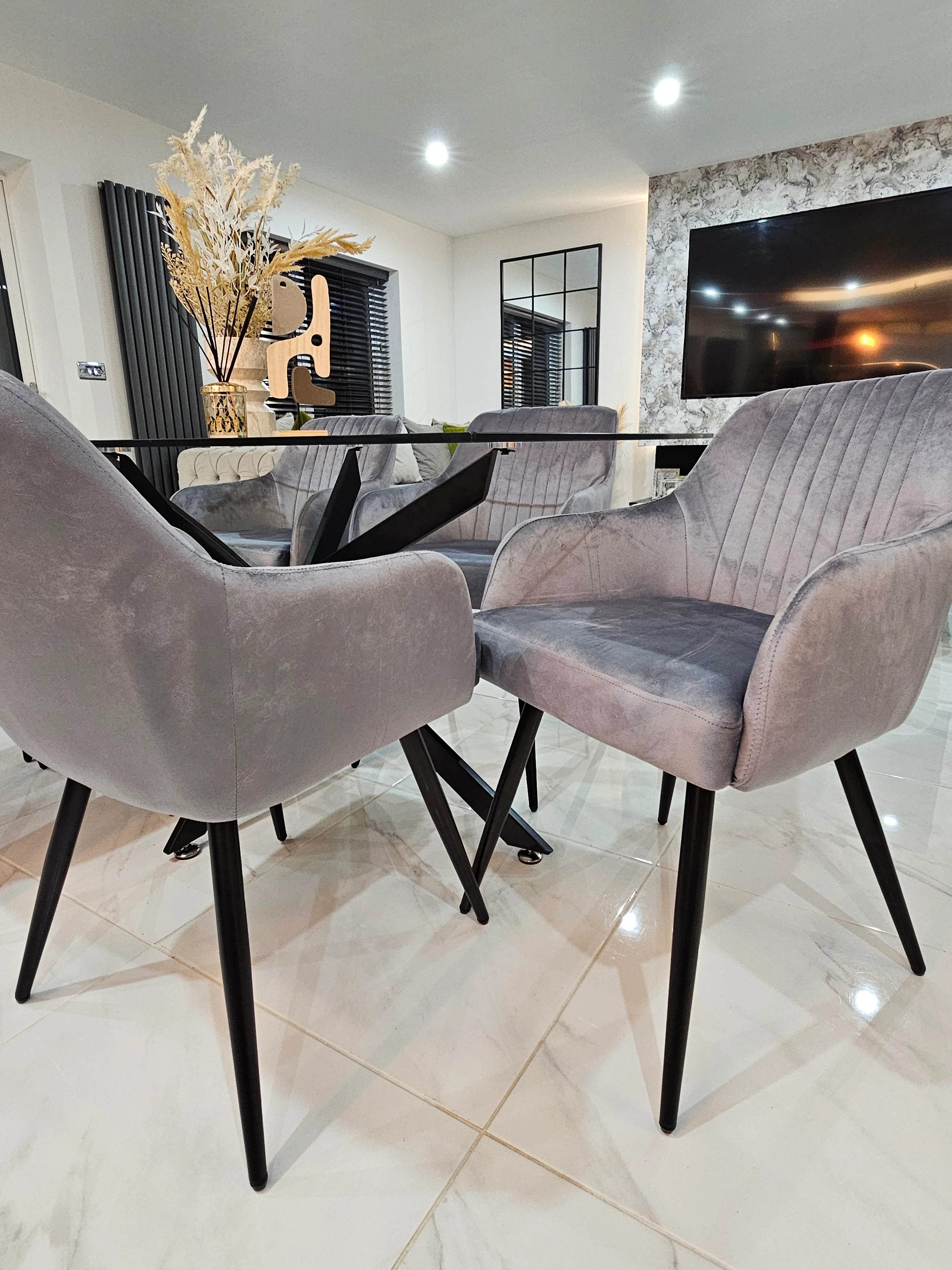 Amalfi Glass Dining Table Set With 6 French Velvet Chairs - Image 3