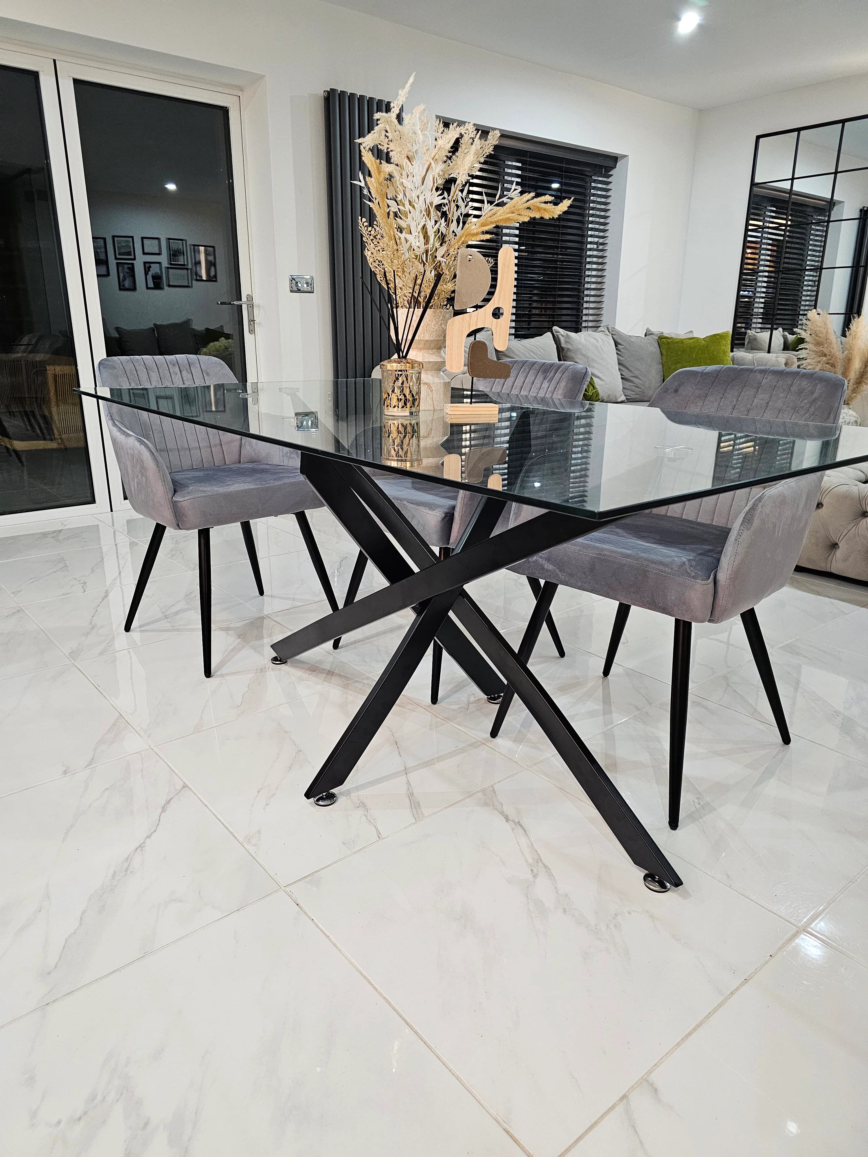 Amalfi Glass Dining Table Set With 6 French Velvet Chairs - Image 7