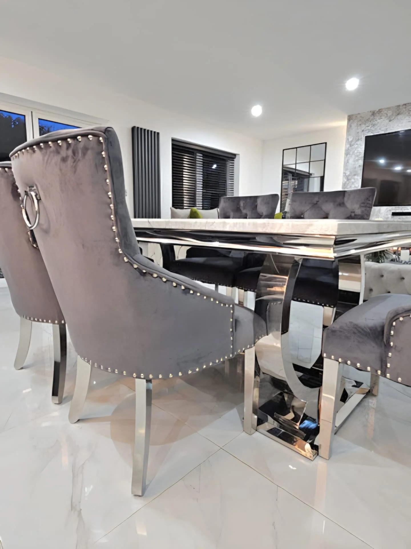Arianna Rectangle Marble Dining Table Set With Bull Ring Knockerback Chairs - Image 3
