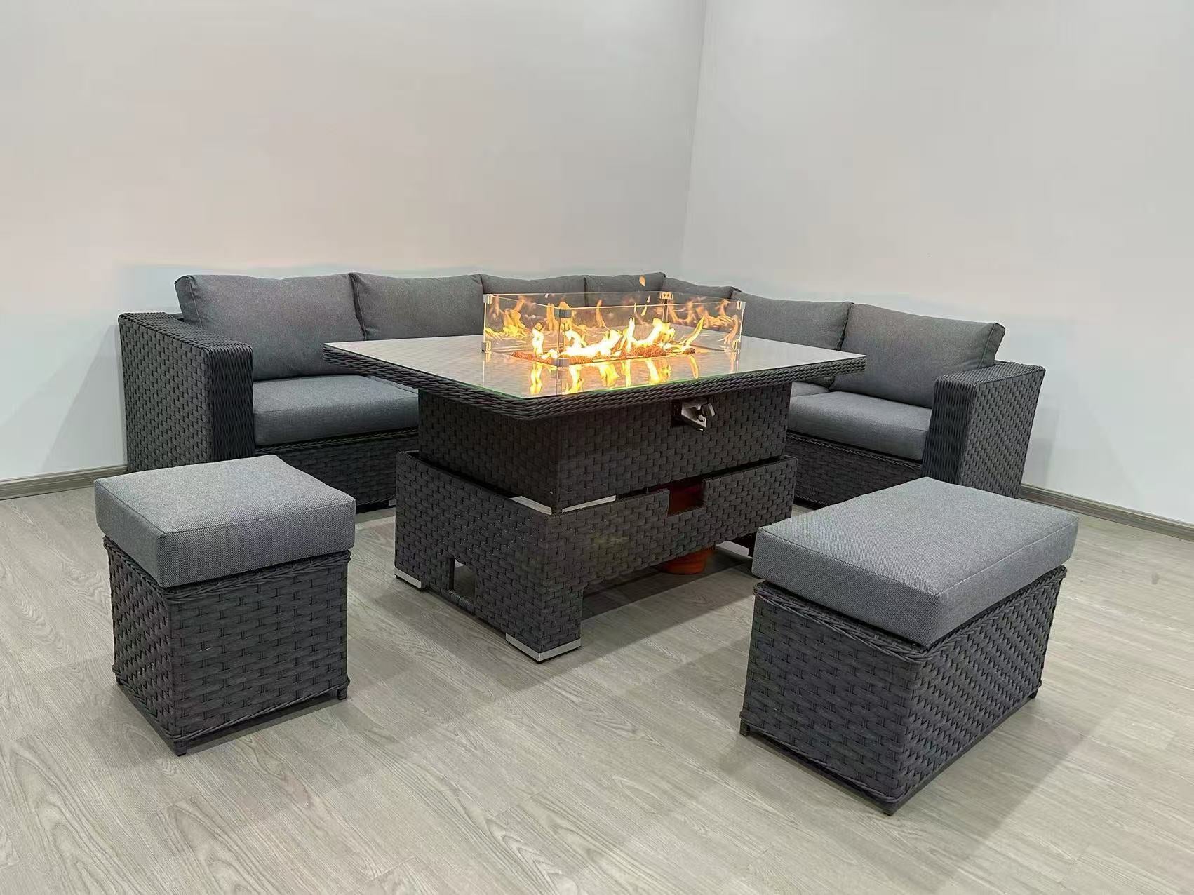 Rosewood Rise & Fall Corner Rattan Garden Furniture Set With FIREPIT Table - Image 3