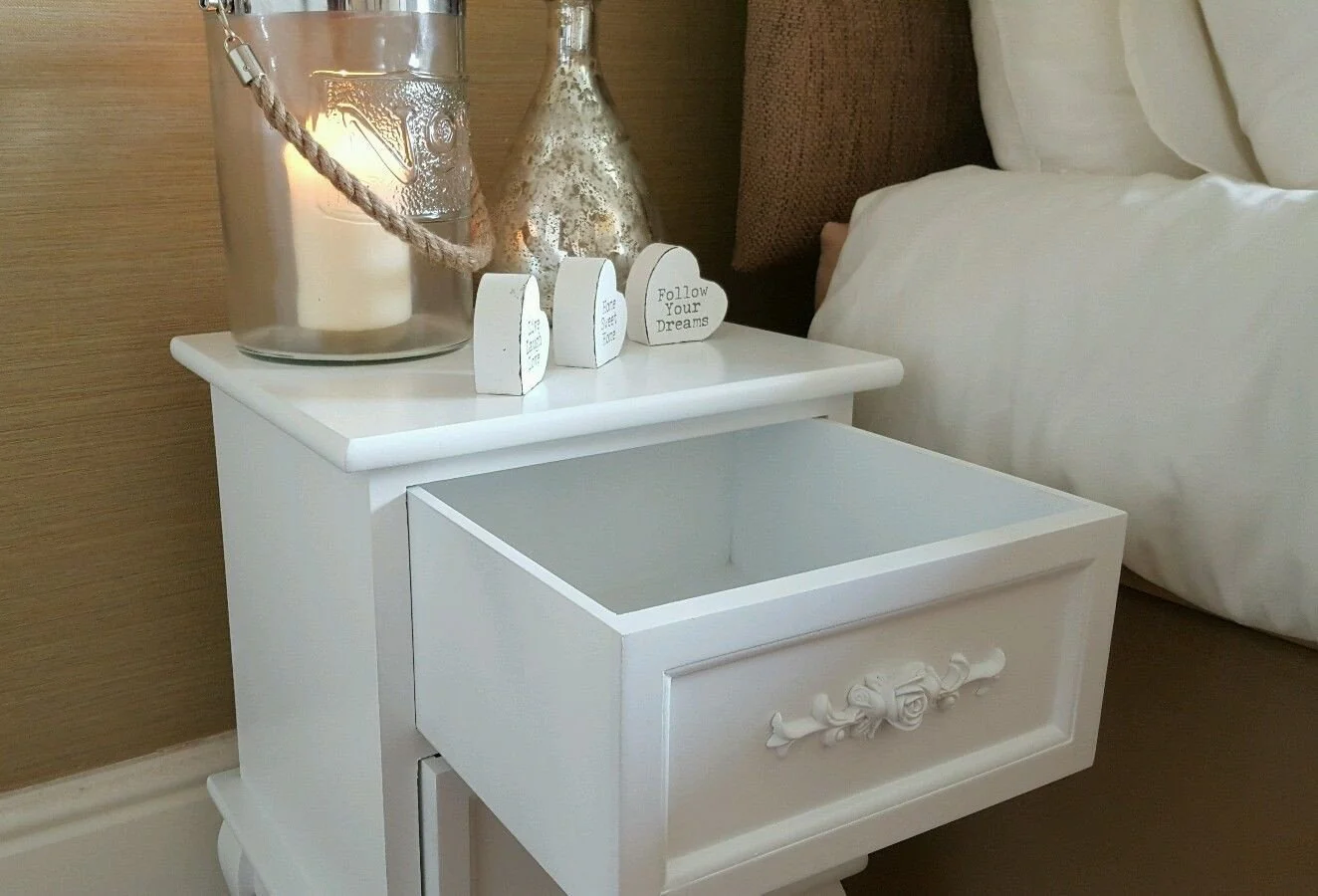Shabby Chic WHITE ROSE SOLID WOOD BEDSIDE CABINET NIGHTSTAND TABLE - Image 4