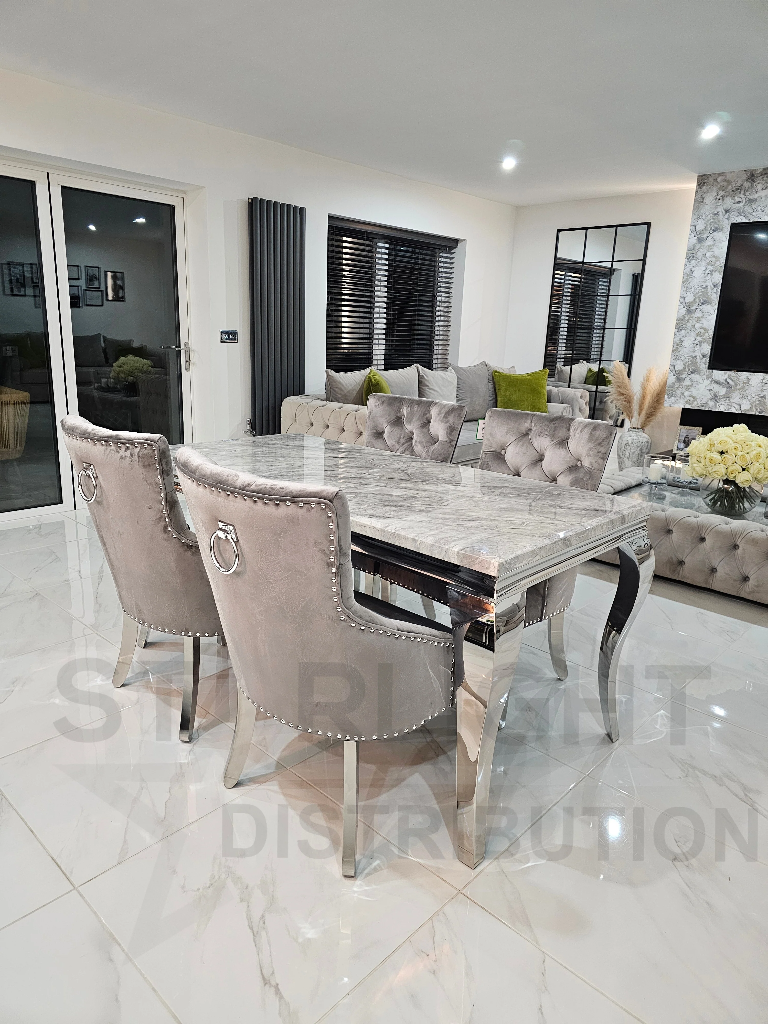Trafalgar Rectangle Marble Dining Table Set With Bull Ring Knockerback Chairs - Image 3