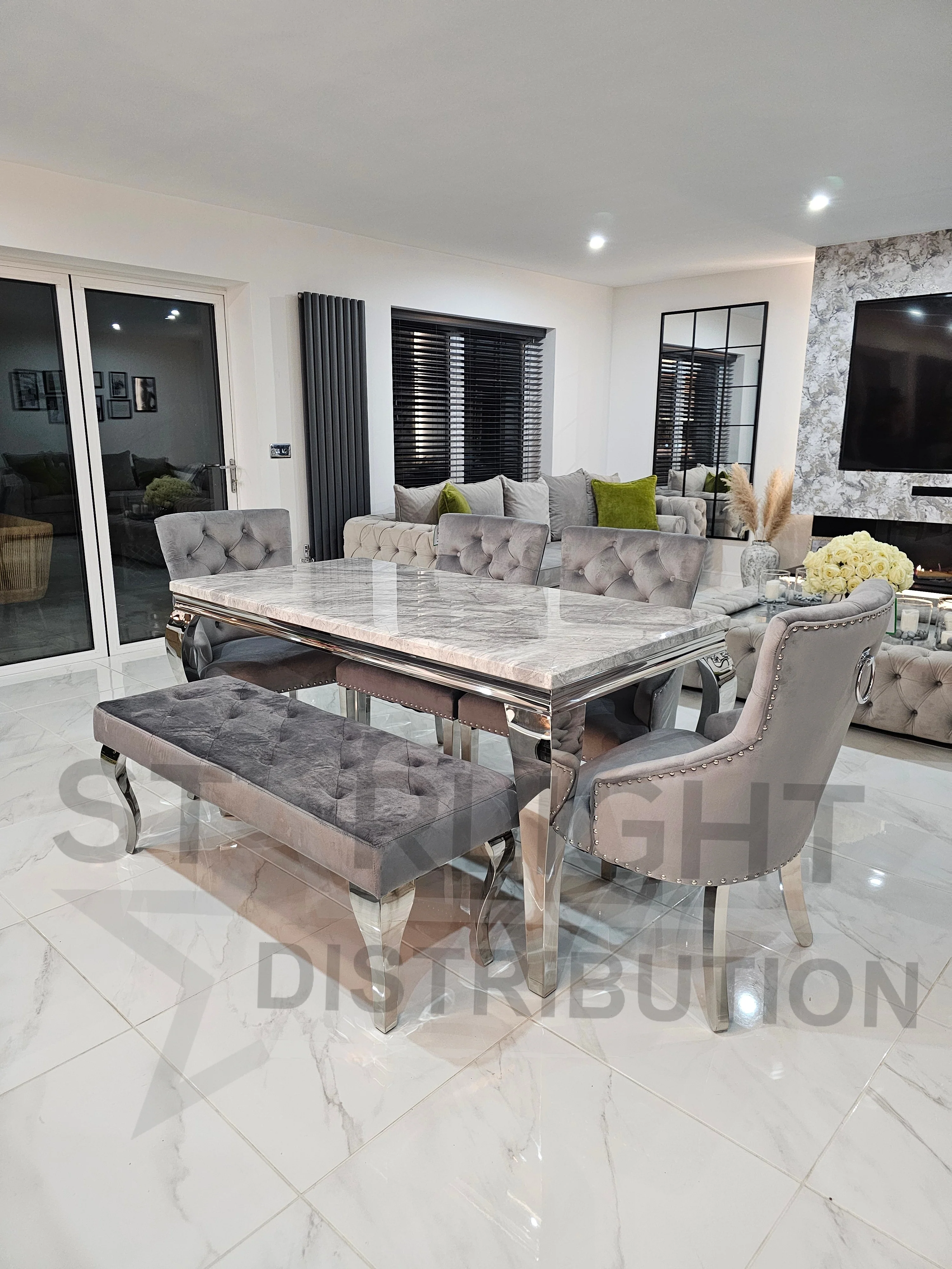 Trafalgar Rectangle Marble Dining Table Set With Bull Ring Knockerback Chairs - Image 4