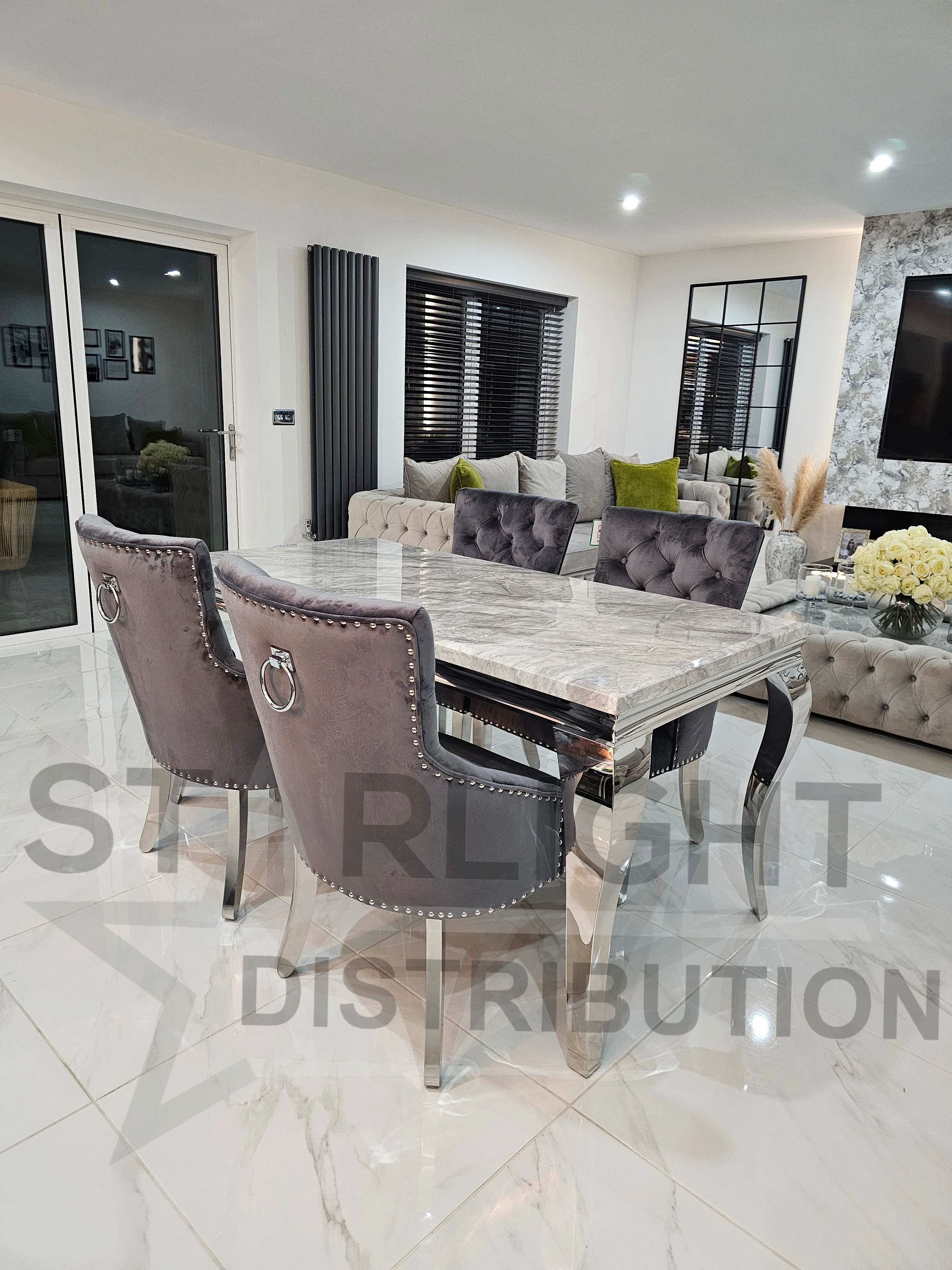 Trafalgar Rectangle Marble Dining Table Set With Bull Ring Knockerback Chairs - Image 5