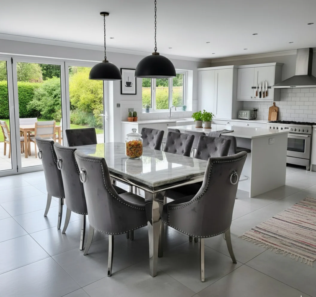 Trafalgar Rectangle Marble Dining Table Set With Bull Ring Knockerback Chairs - Image 8