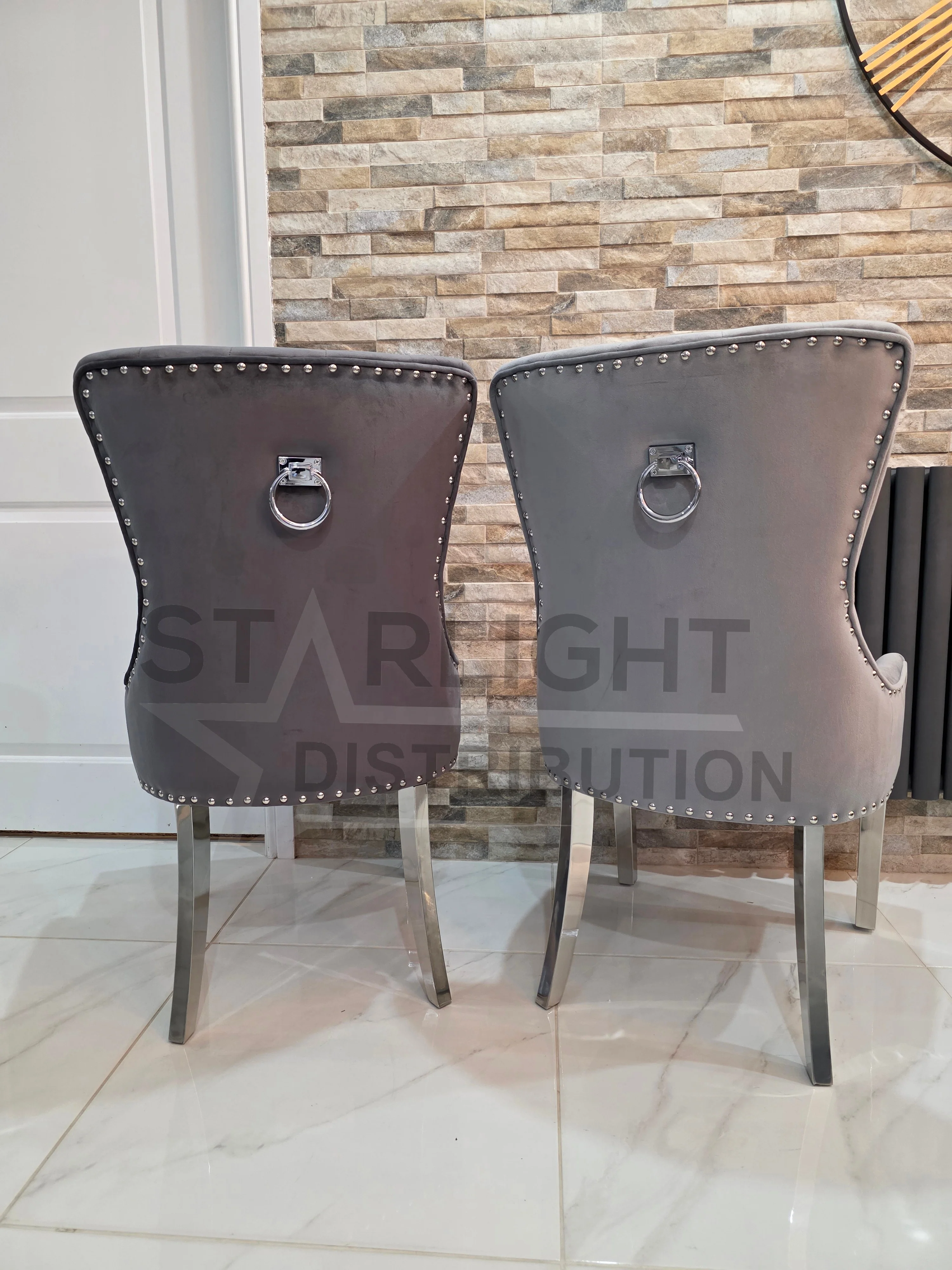 Trafalgar Rectangle Marble Dining Table Set With Bull Ring Knockerback Chairs - Image 9