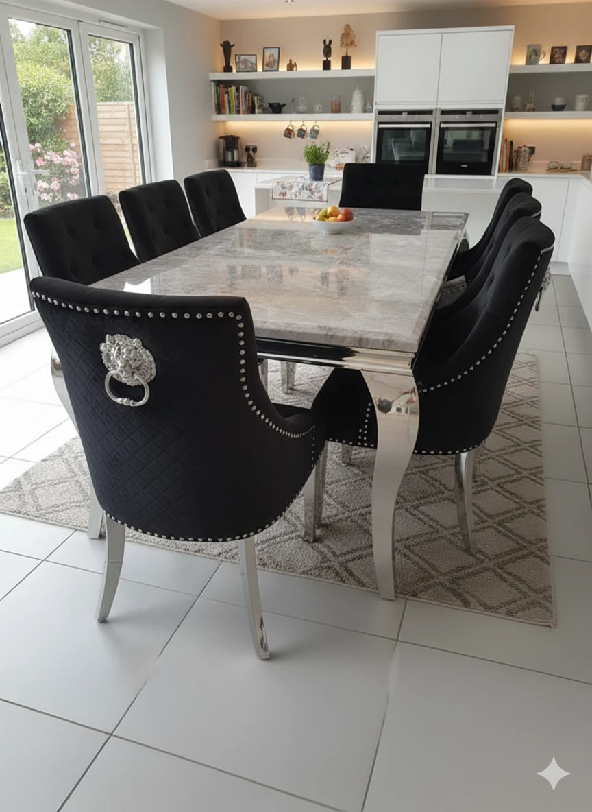 Trafalgar Marble Dining Table Set With Lion Head Knockerback Chairs - Image 10