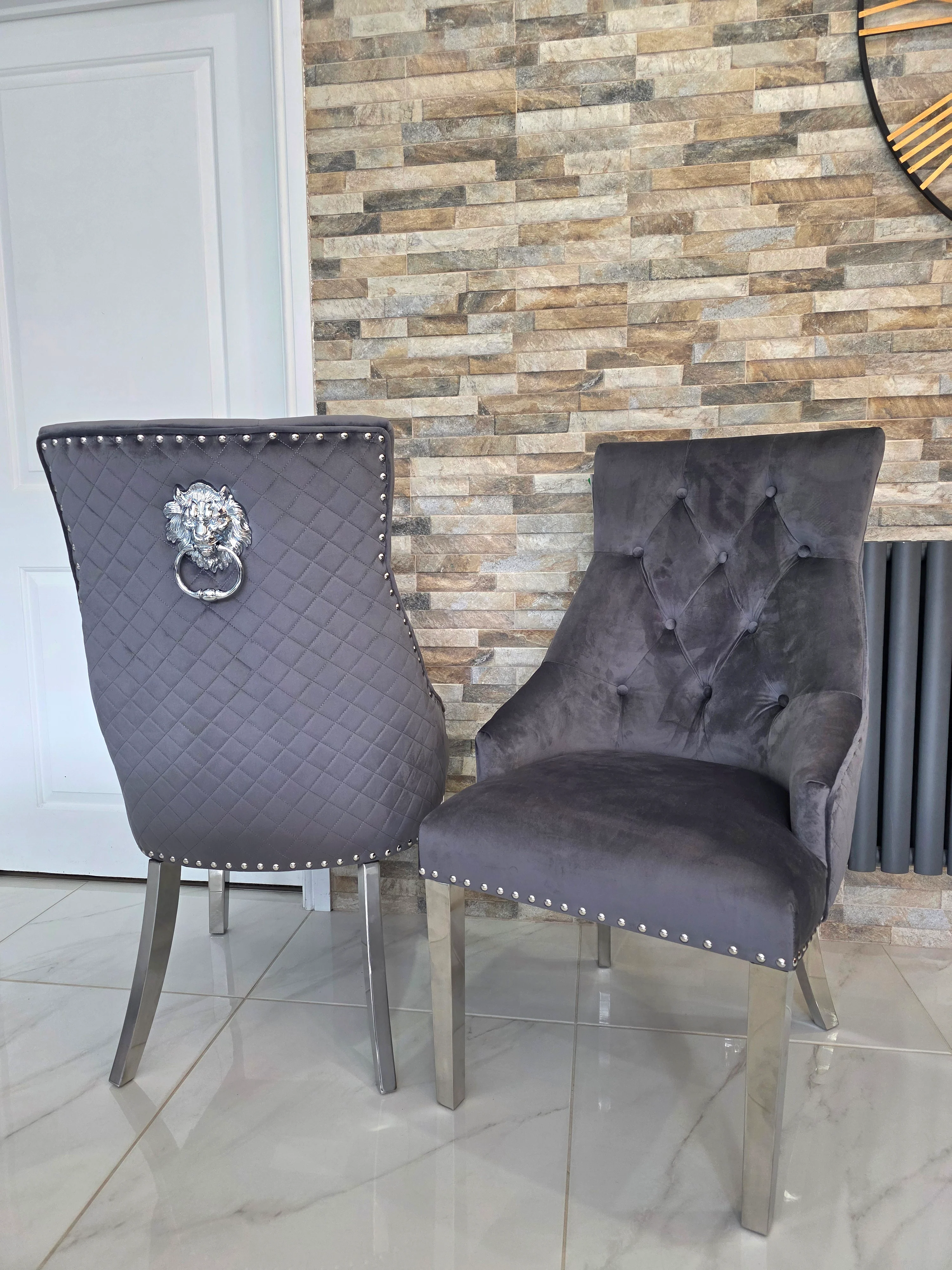 Trafalgar Marble Dining Table Set With Lion Head Knockerback Chairs - Image 11