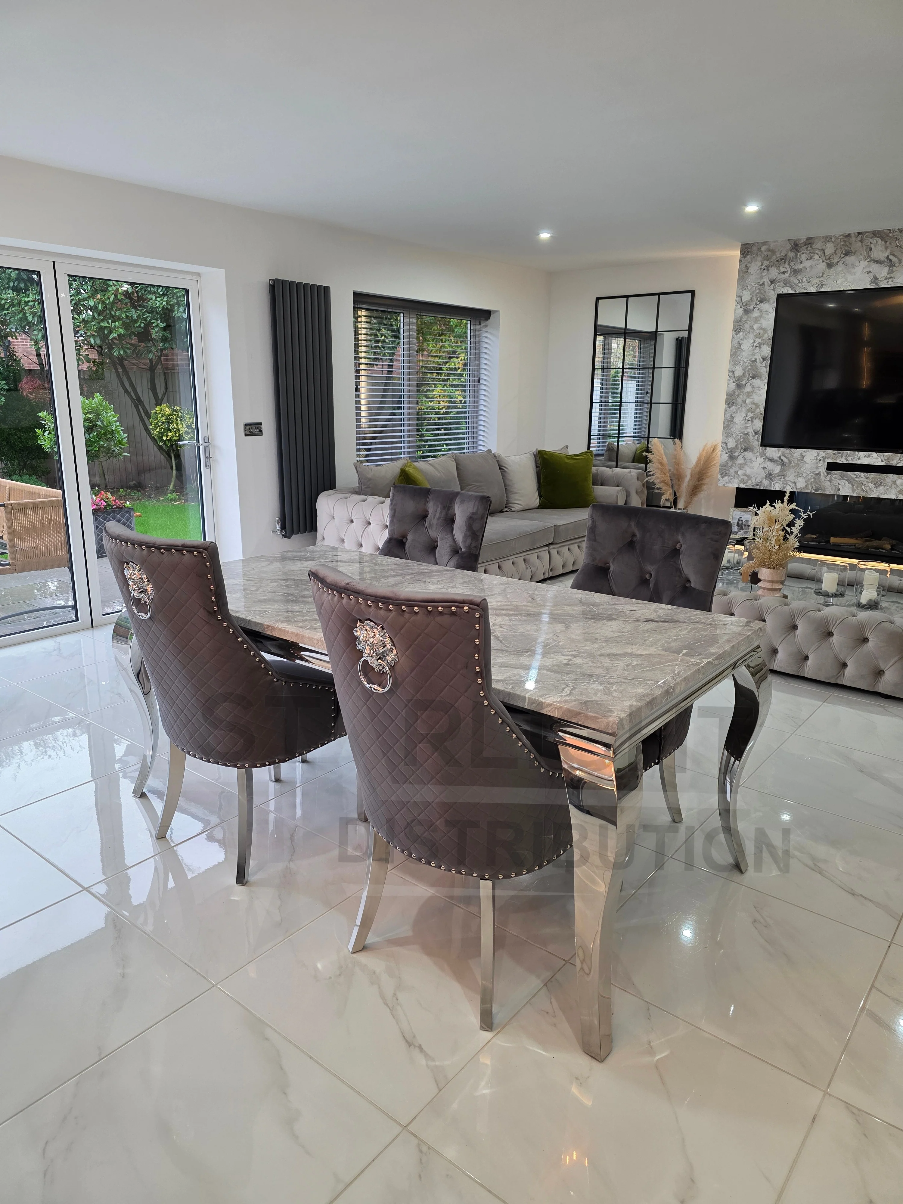 Trafalgar Marble Dining Table Set With Lion Head Knockerback Chairs - Image 4