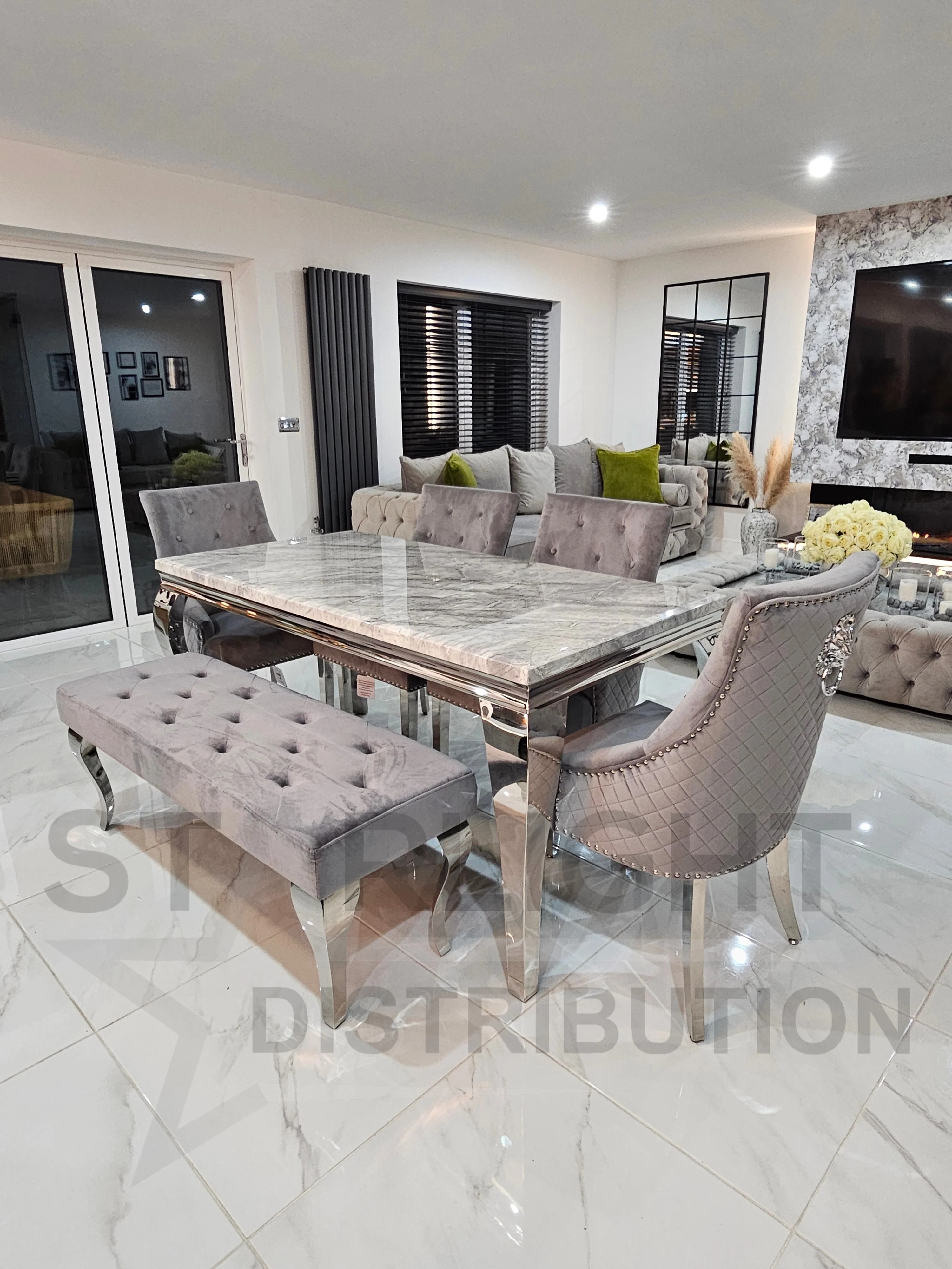 Trafalgar Marble Dining Table Set With Lion Head Knockerback Chairs - Image 5