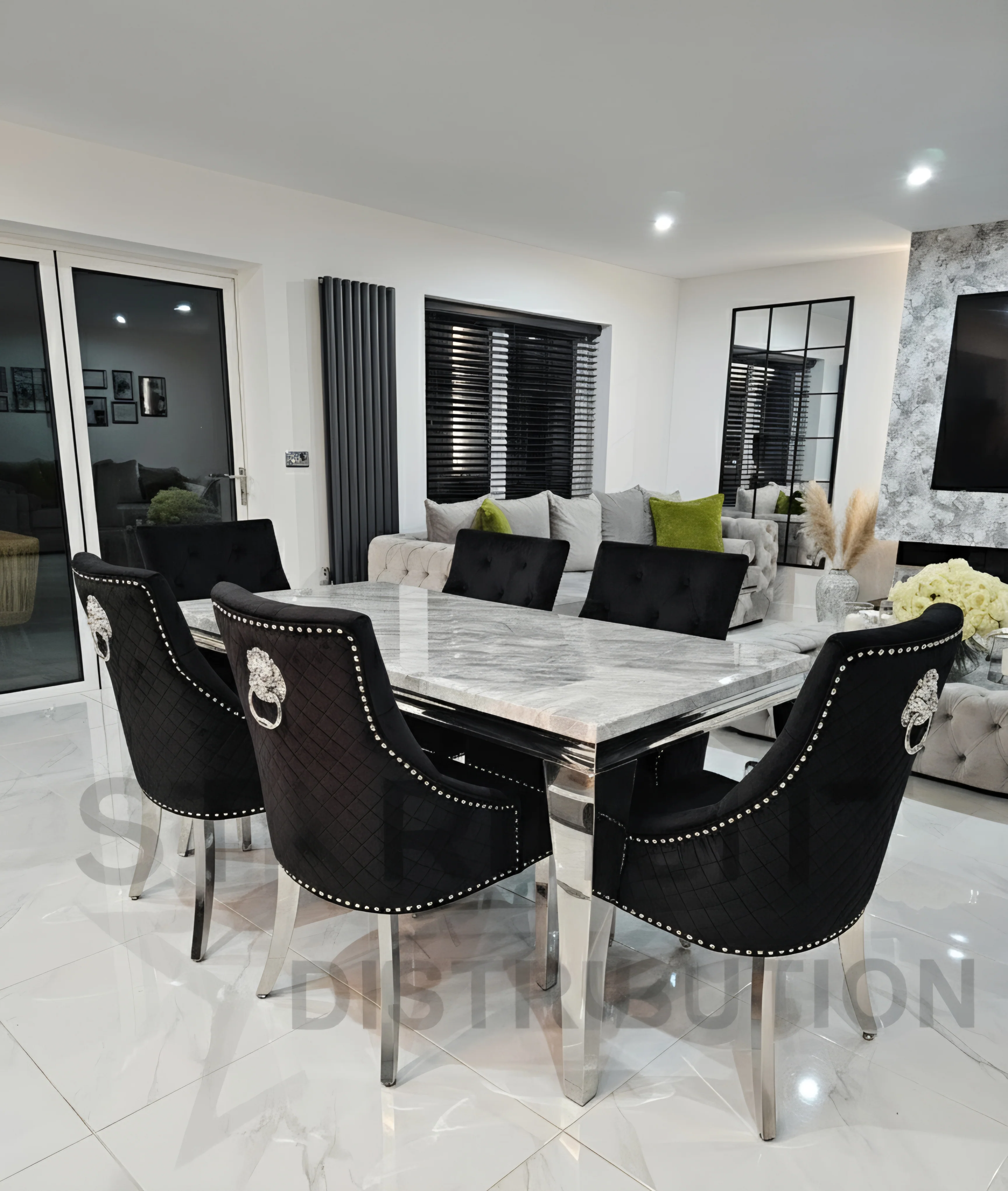 Trafalgar Marble Dining Table Set With Lion Head Knockerback Chairs - Image 7