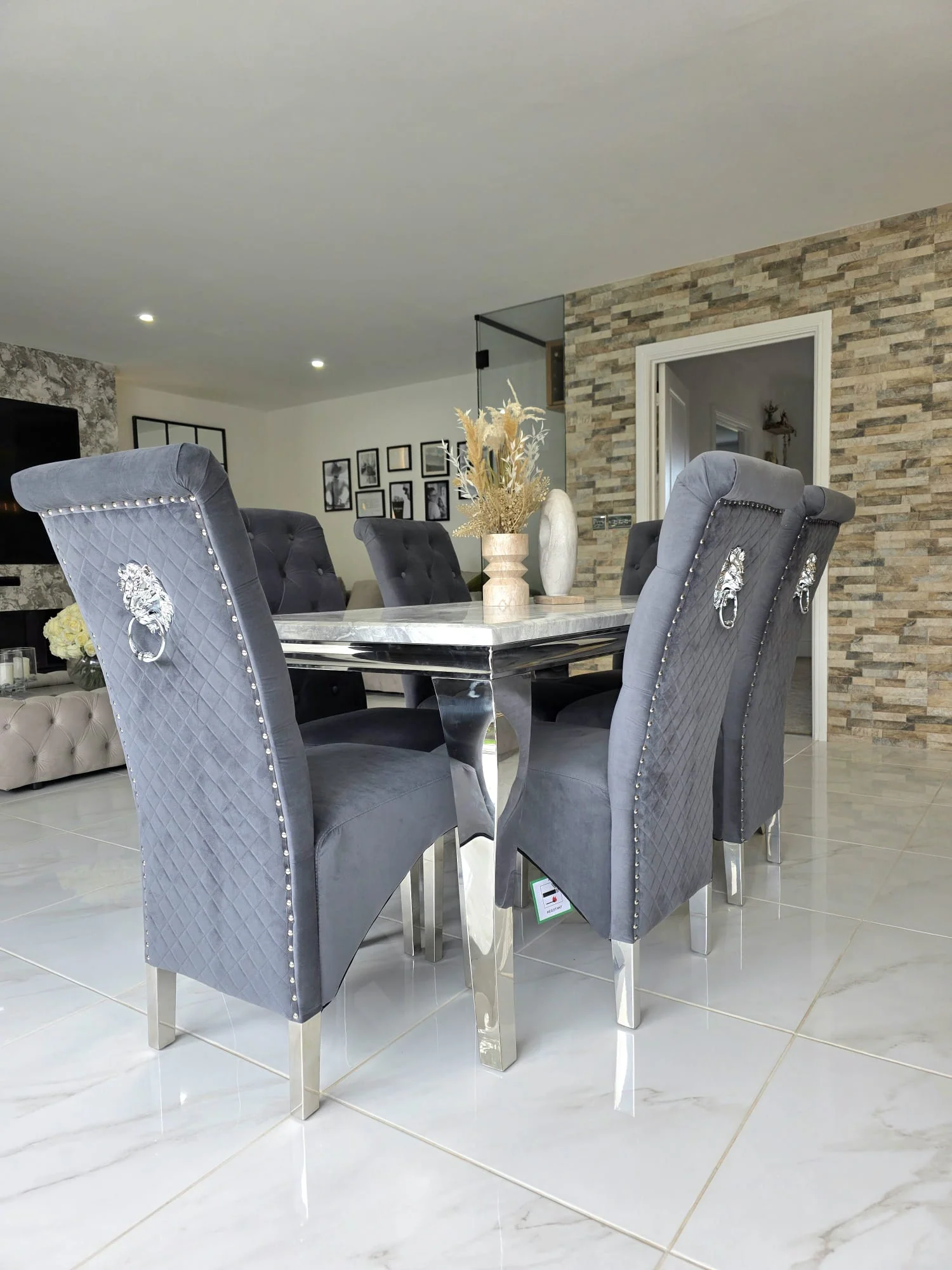 Trafalgar Rectangle Marble Dining Table Set With Tall Back Knockerback Chairs - Image 3