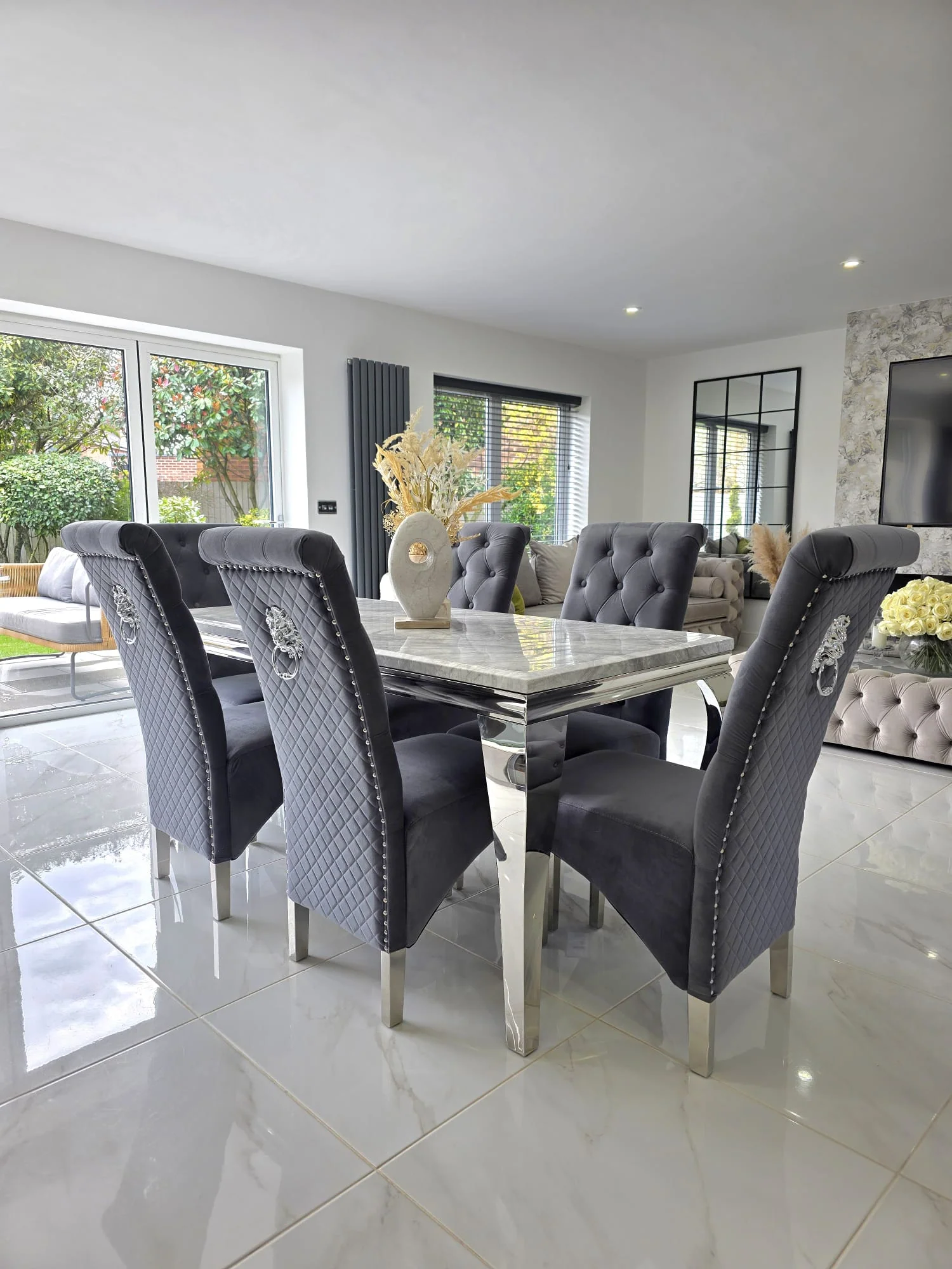 Trafalgar Rectangle Marble Dining Table Set With Tall Back Knockerback Chairs - Image 4