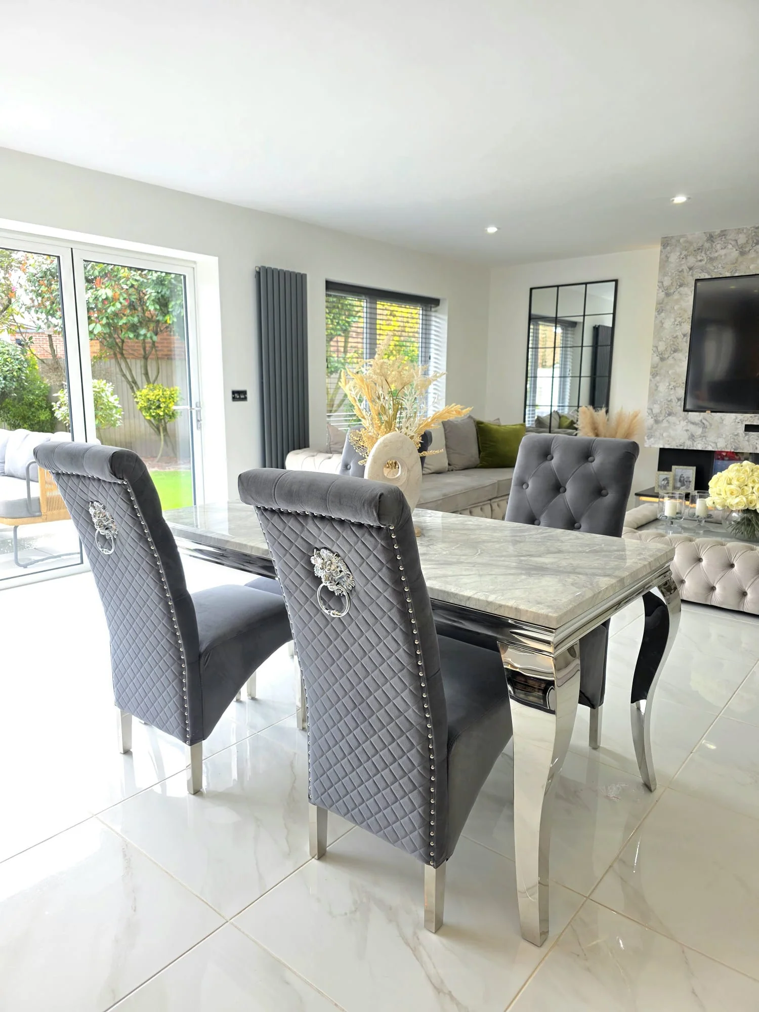 Trafalgar Rectangle Marble Dining Table Set With Tall Back Knockerback Chairs - Image 5