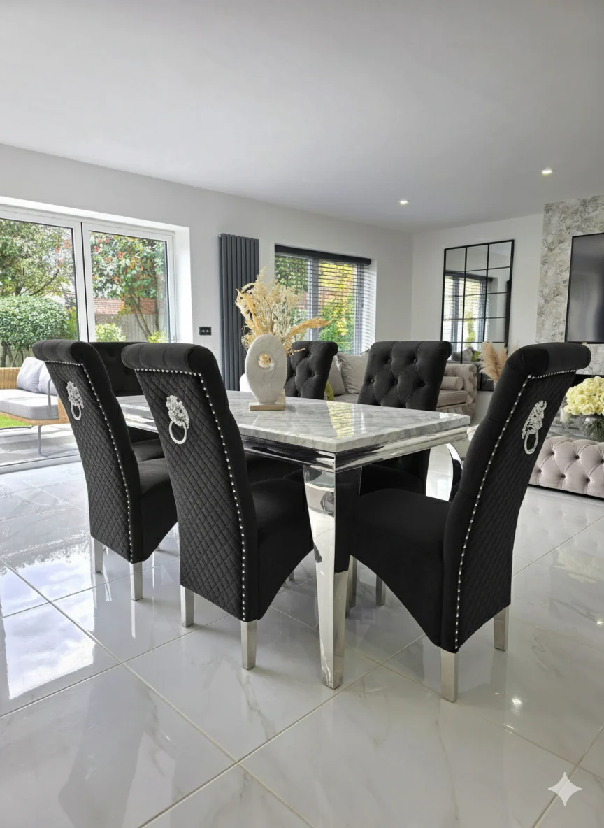Trafalgar Rectangle Marble Dining Table Set With Tall Back Knockerback Chairs - Image 6