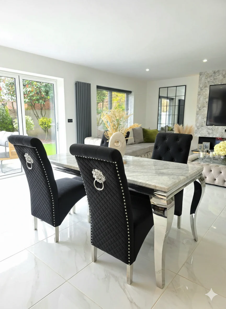 Trafalgar Rectangle Marble Dining Table Set With Tall Back Knockerback Chairs - Image 7