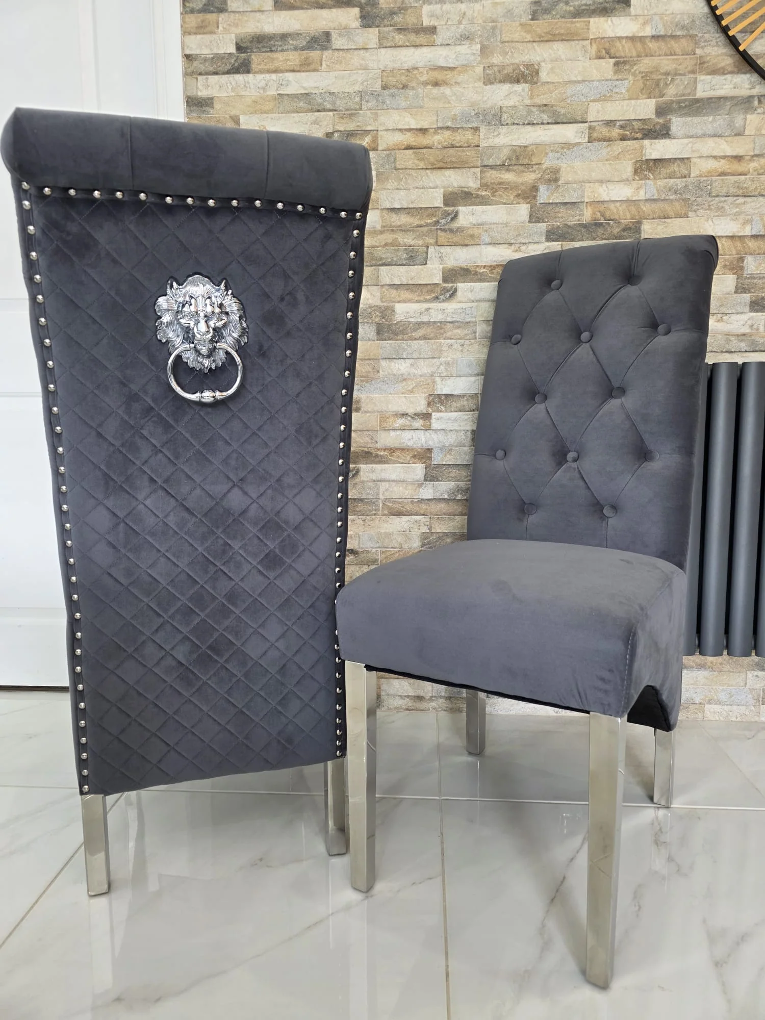 Trafalgar Rectangle Marble Dining Table Set With Tall Back Knockerback Chairs - Image 8